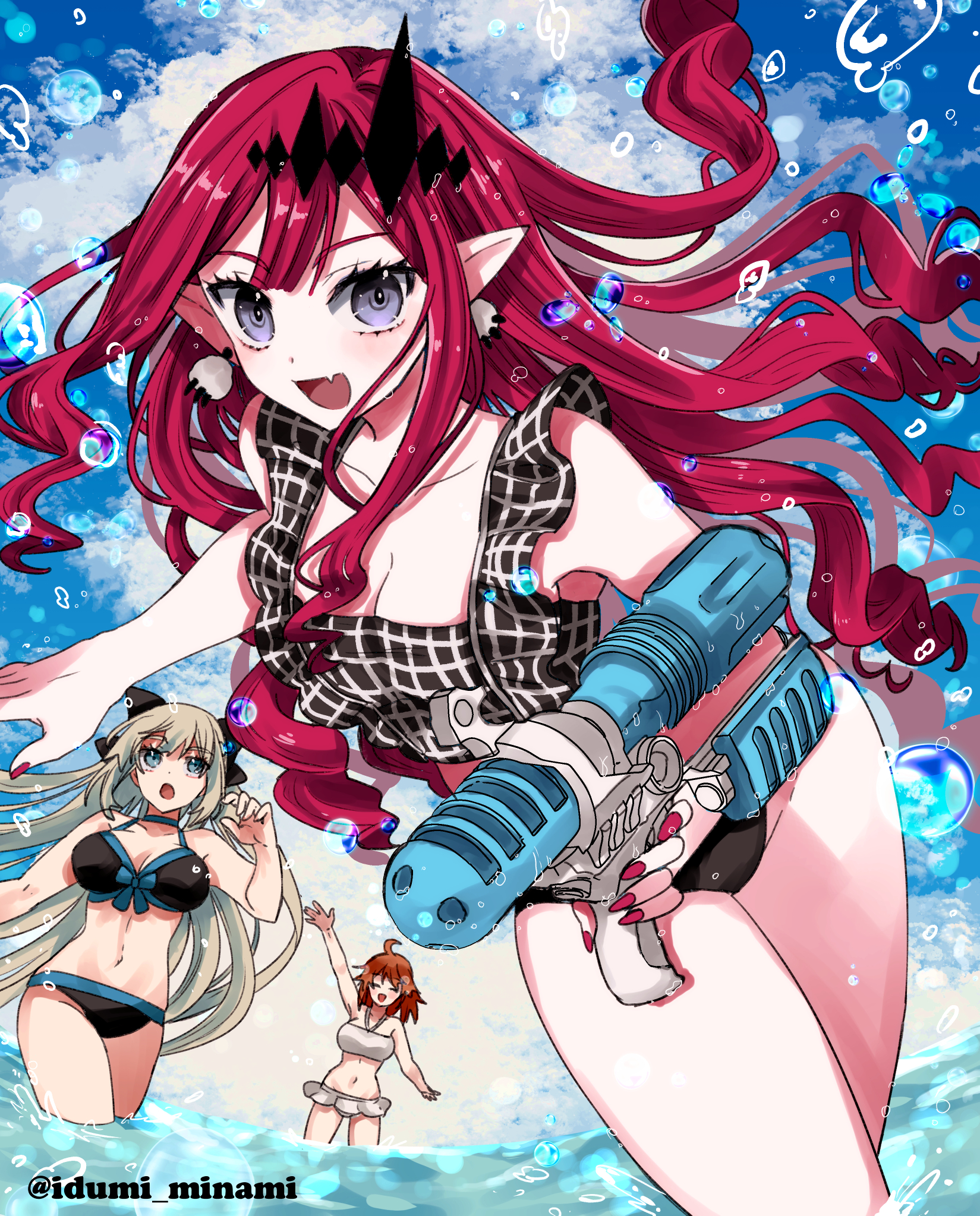 izumi minami, baobhan sith (fate), fujimaru ritsuka (female), morgan le fay (fate), fate/grand order, fate (series), highres, 3girls, bare shoulders, bikini, black bikini, black bow, blue eyes, blush, bow, braid, breasts, cleavage, closed eyes, grey eyes, grey hair, hair bow, large breasts, long hair, looking at viewer, multiple girls, navel, open mouth, orange hair, pink hair, pointy ears, ponytail, short hair, sidelocks, smile, swimsuit, thighs, very long hair, water gun, white bikini