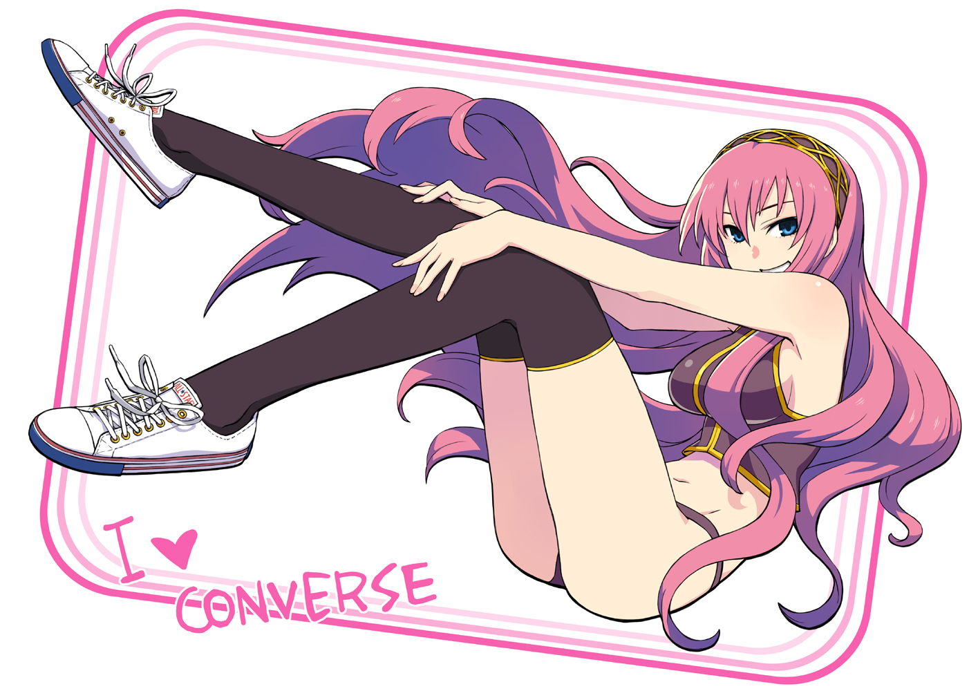 chan co, megurine luka, converse, vocaloid, 1girl, bare shoulders, bikini, bikini bottom only, black thighhighs, blue eyes, female focus, legs, long hair, pink hair, product placement, shoes, sneakers, solo, swimsuit, thighhighs