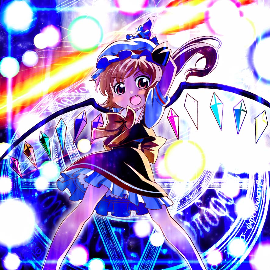 sakino shingetsu, flandre scarlet, embodiment of scarlet devil, touhou, 1girl, blonde hair, child, danmaku, fang, female focus, hat, magic circle, ponytail, red eyes, short hair, side ponytail, solo, wings, wrist cuffs