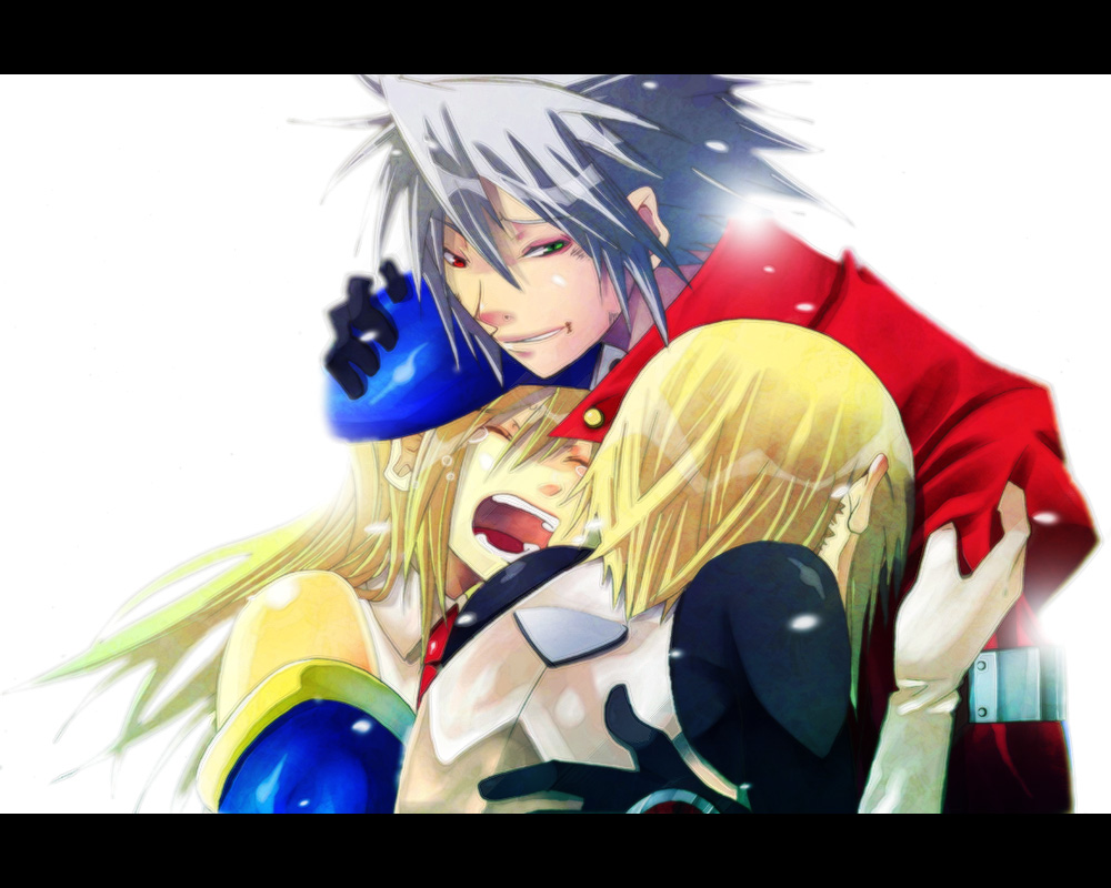 noran, kisaragi jin, noel vermillion, ragna the bloodedge, arc system works, blazblue, blazblue: calamity trigger, silver hair, 1girl, 2boys, beret, blonde hair, border, brothers, crying, green eyes, hat, heterochromia, hug, letterboxed, long hair, multiple boys, open mouth, red eyes, siblings, spiked hair, tears