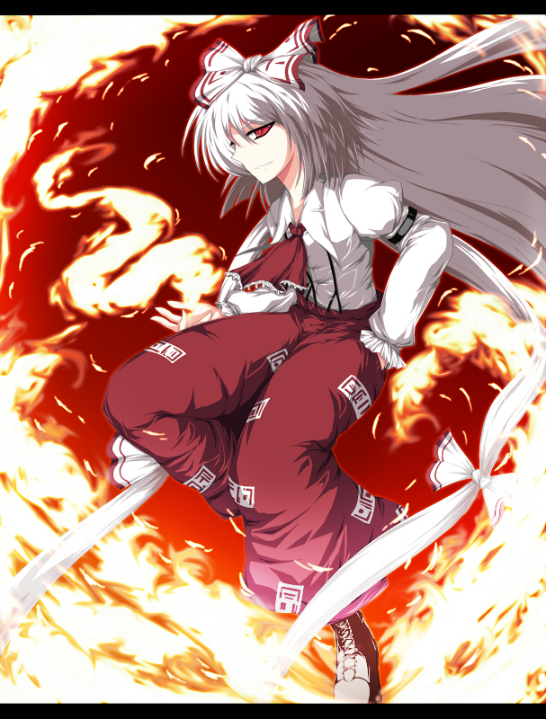 isa, fujiwara no mokou, touhou, silver hair, bad id, bad pixiv id, 1girl, female focus, fire, hair ribbon, letterboxed, long hair, red eyes, ribbon, solo