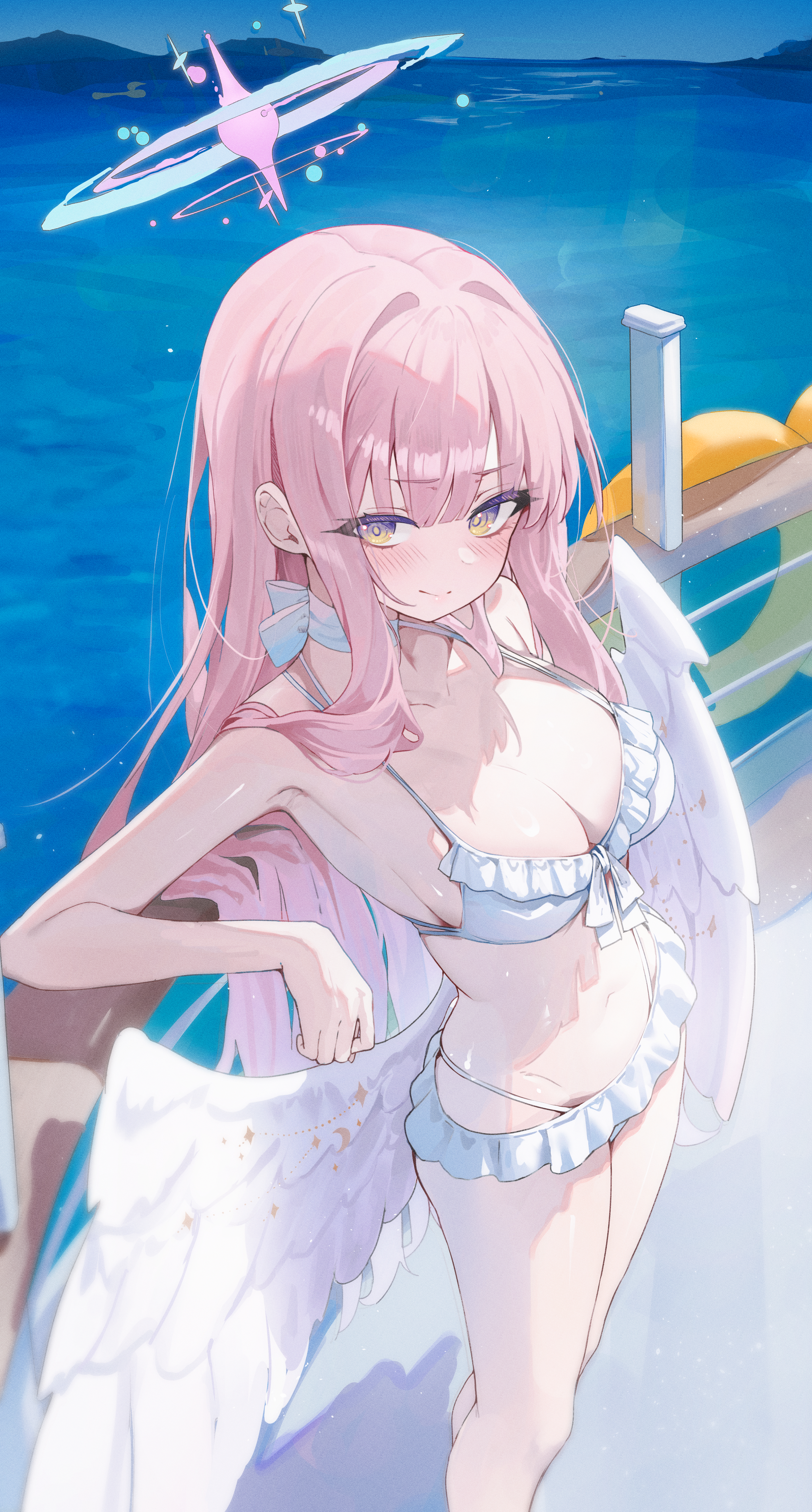 kerno, mika (blue archive), mika (swimsuit) (blue archive), blue archive, absurdres, highres, 1girl, blush, breasts, cleavage, closed mouth, feathered wings, hair intakes, halo, large breasts, long hair, looking at viewer, low wings, navel, ocean, official alternate costume, official alternate hairstyle, pink hair, pink halo, solo, standing, thighs, white wings, wings, yellow eyes