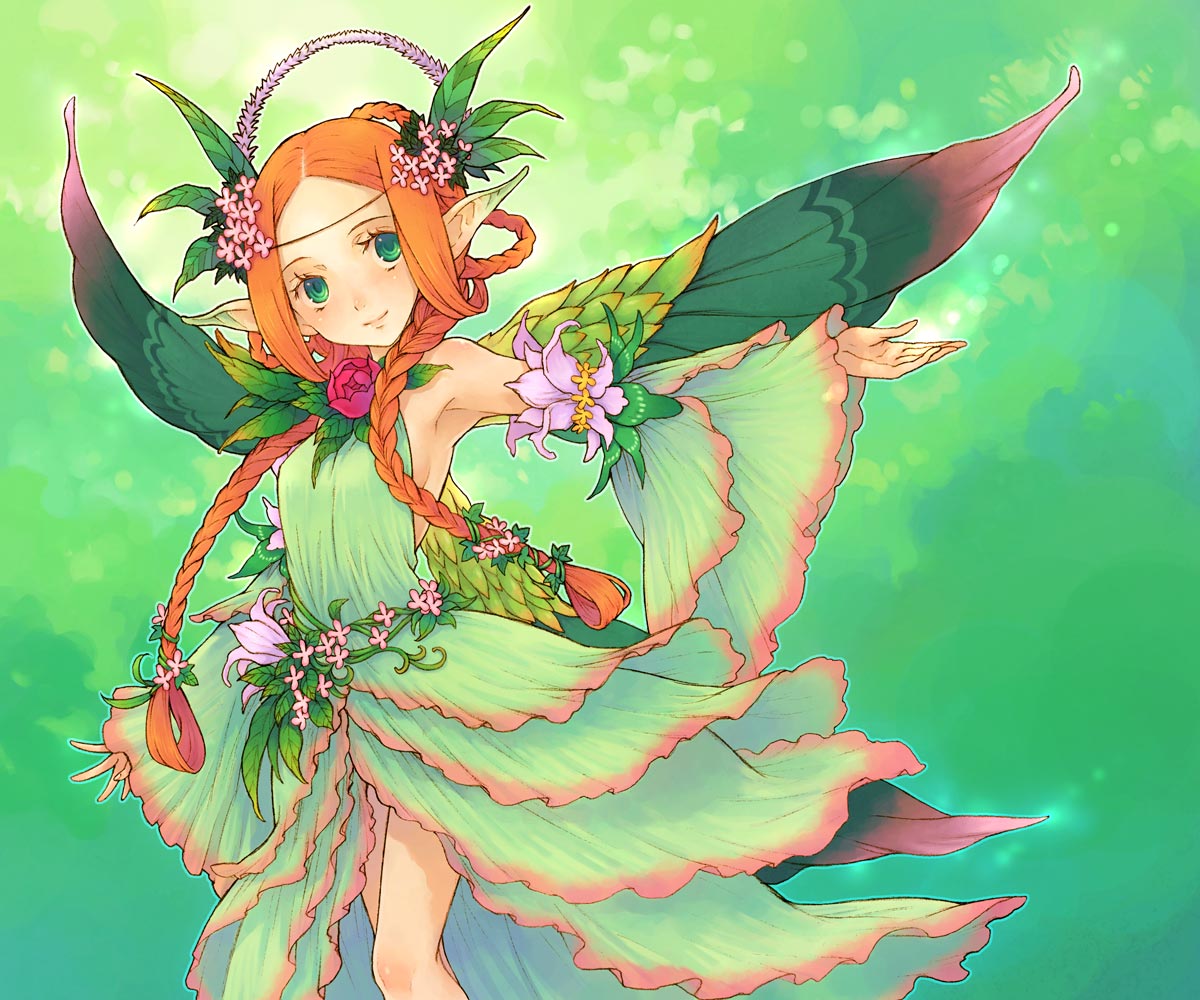 haccan, mieli, avalon code, official art, 1girl, armpits, bare legs, braid, detached sleeves, fairy, fairy wings, female focus, flower, green eyes, headdress, long hair, orange hair, outstretched arms, plant, pointy ears, red hair, smile, solo, spread arms, twin braids, wearing plant, wide sleeves, wings