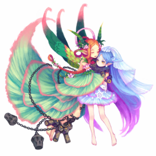 mieli, neaki, avalon code, barefoot, blue hair, braid, chain, collar, fairy, hug, long hair, pointy ears, red hair, spirits, twin braids, veil