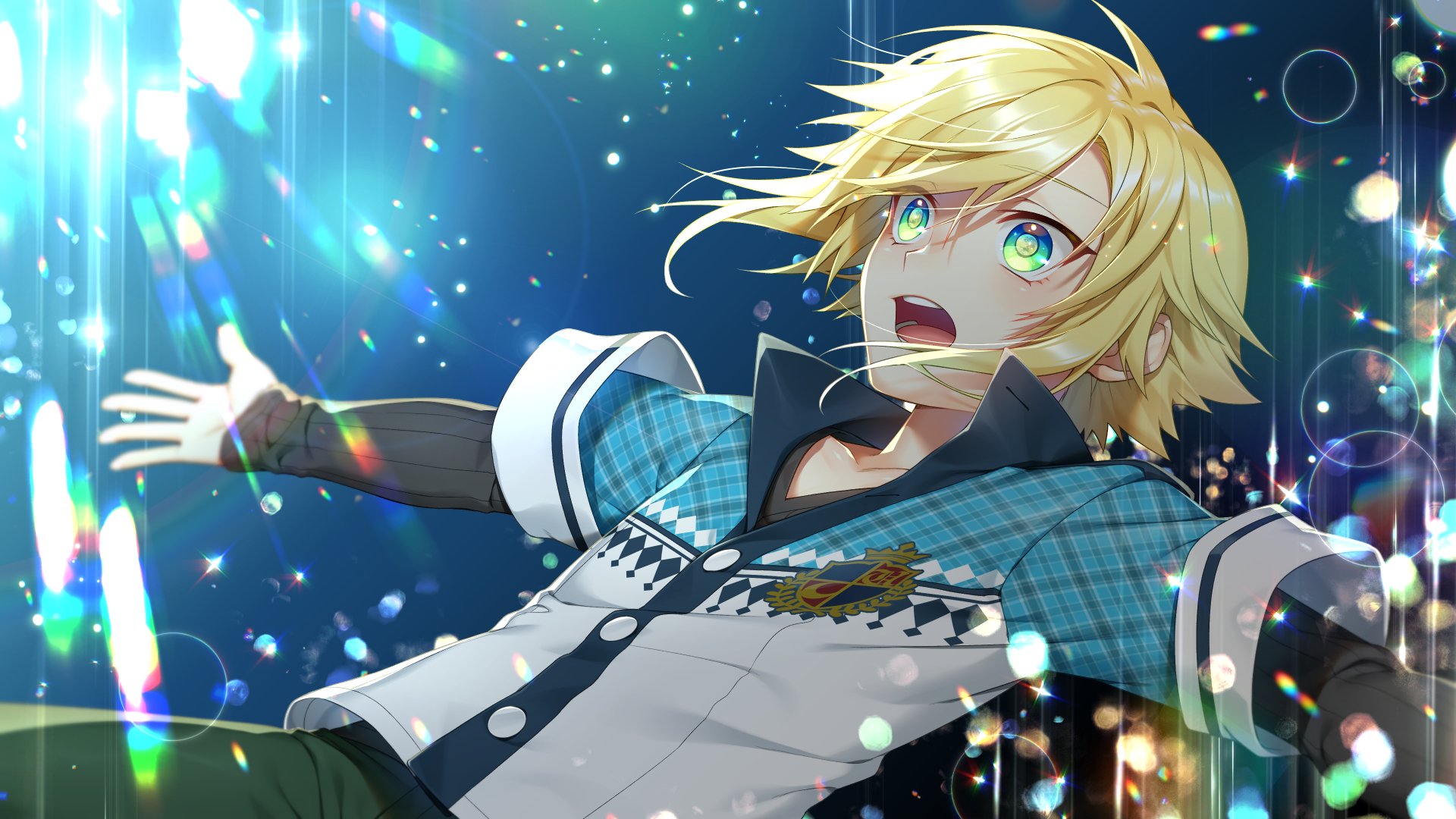 mise yuzuki, uzuki kou, uzuki kou (1st costume), nijisanji, shiny eyes, highres, 1boy, blonde hair, blue background, blue jacket, buttons, collarbone, collared jacket, cowboy shot, dutch angle, flipped hair, floating, floating hair, green eyes, green pants, grey shirt, jacket, layered sleeves, lens flare, light particles, long sleeves, male focus, open hand, open mouth, outstretched arms, pants, plaid clothes, plaid jacket, ribbed shirt, shirt, short hair, short over long sleeves, short sleeves, sidelocks, sleeves past wrists, solo, sparkle, sparkling eyes, spread arms, v-neck, virtual youtuber, white jacket