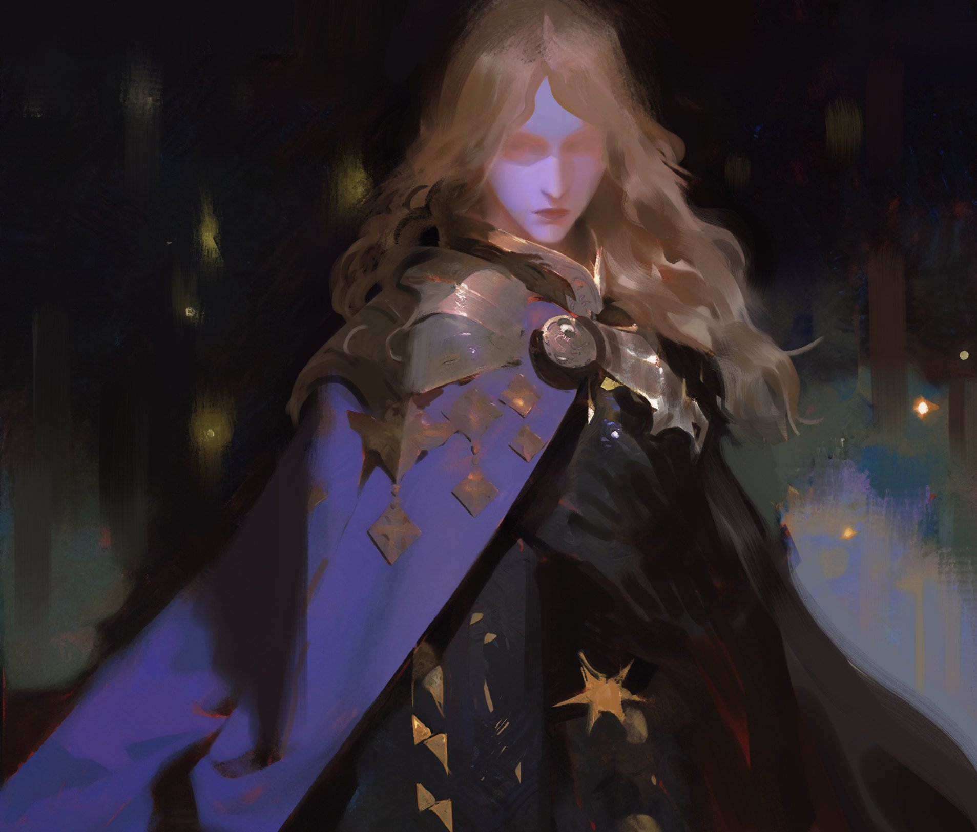 yuming li, original, highres, 1girl, armor, blonde hair, blurry, blurry background, brooch, cloak, jewelry, lips, looking at viewer, nose, robe, shoulder armor, wizard