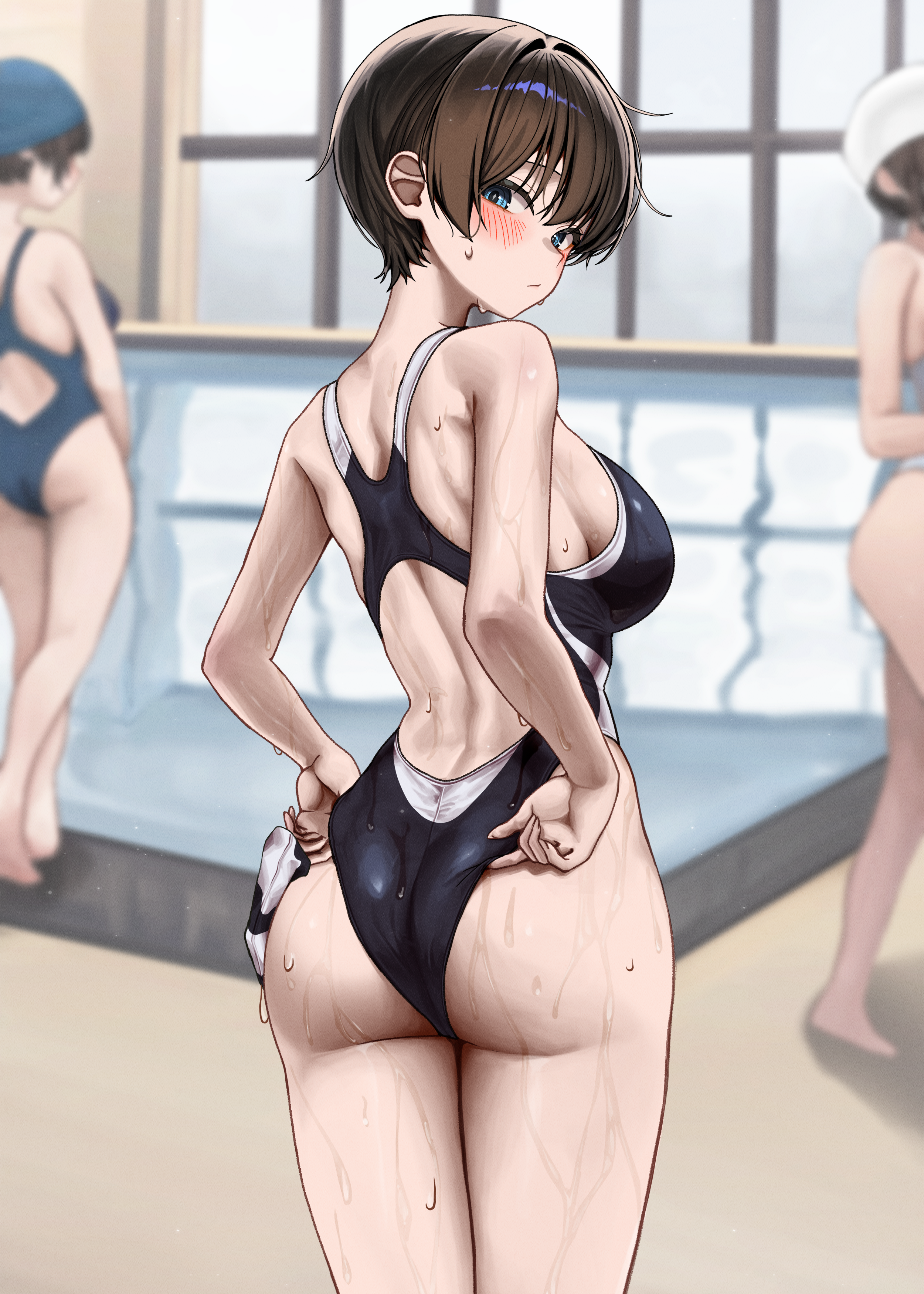 gwan-e, original, absurdres, highres, 1girl, adjusting clothes, adjusting swimsuit, ass, black one-piece swimsuit, blue eyes, blurry, blurry background, breasts, brown hair, competition swimsuit, from behind, large breasts, looking at viewer, one-piece swimsuit, pool, short hair, solo focus, swim cap, swimsuit, unworn swim cap, water drop, wet