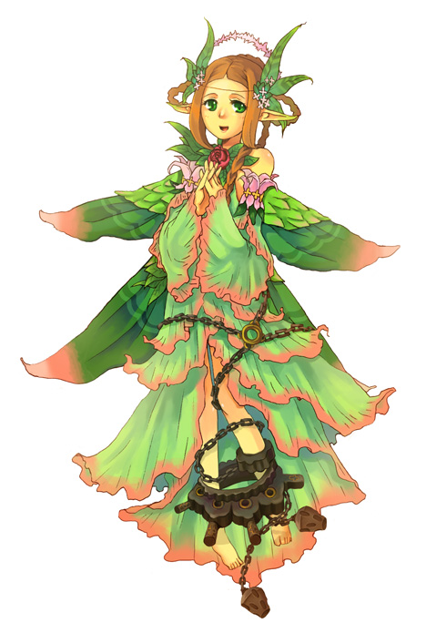 renka (pixiv), mieli, avalon code, bad id, bad pixiv id, 1girl, bad anatomy, bare shoulders, barefoot, braid, brown hair, chain, fairy, fairy wings, female focus, full body, gears, green eyes, long hair, looking at viewer, own hands clasped, own hands together, pointy ears, simple background, solo, twin braids, wings