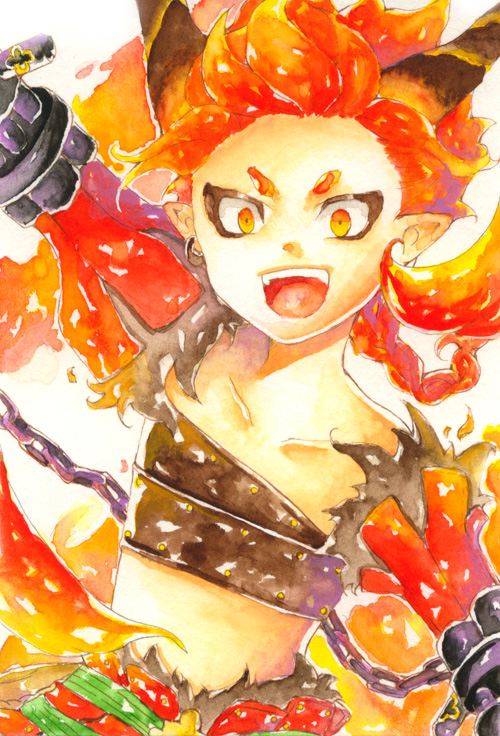 renka (pixiv), rempo, avalon code, eyebrows, bad id, bad pixiv id, painting (medium), traditional media, watercolor (medium), 1boy, belt, chain, collarbone, earrings, grin, horns, jewelry, looking at viewer, male focus, pointy ears, red hair, smile, solo, spirit, yellow eyes