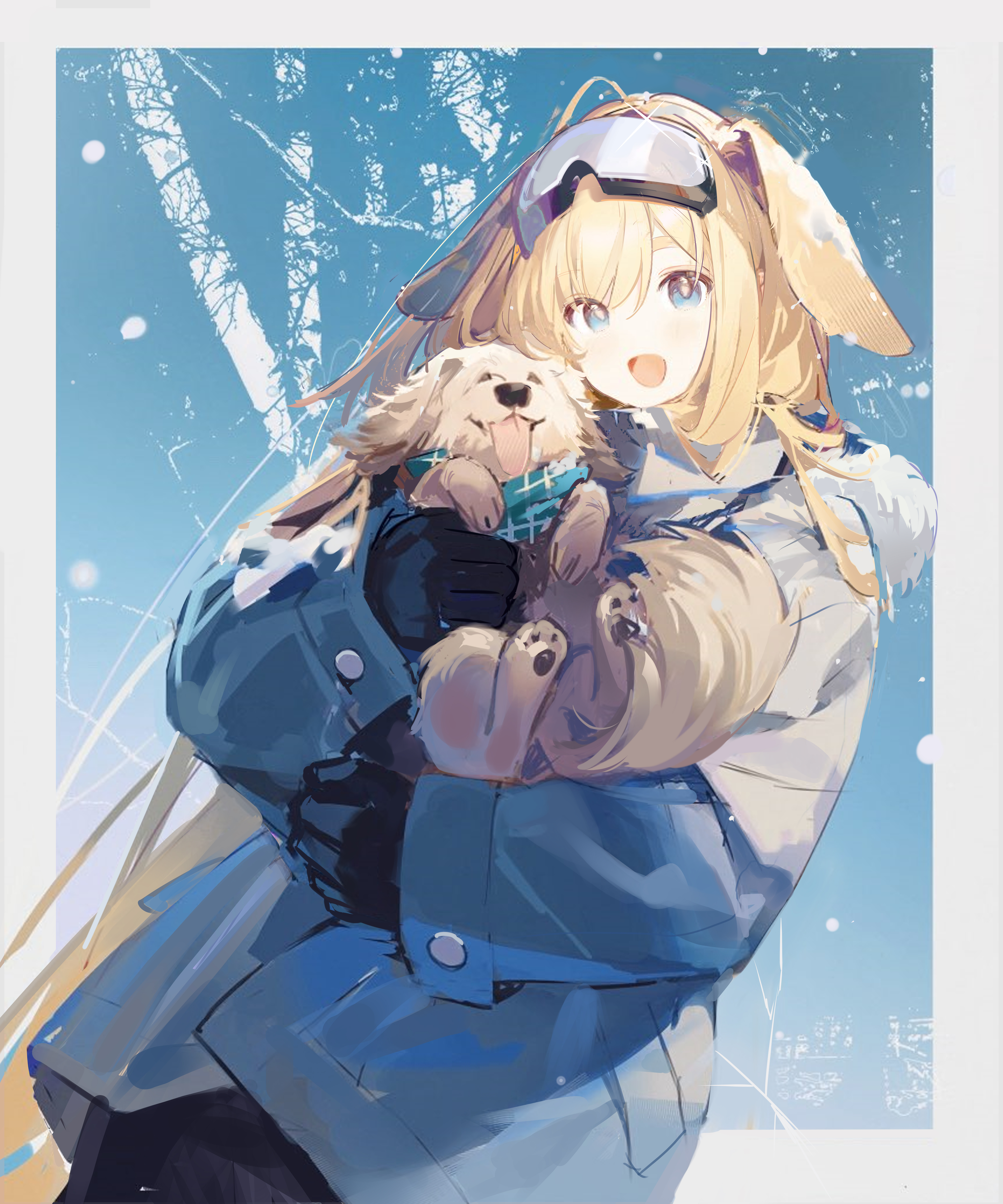 yukuso (dabiandang), brigid (arknights), arknights, absurdres, highres, 1girl, :d, ahoge, animal, animal ears, black gloves, blonde hair, blue eyes, coat, dog, dog ears, gloves, goggles, goggles on head, holding, holding animal, hood, hooded coat, hug, long hair, open mouth, scarf, simple background, smile, snow on head, solo, very long hair