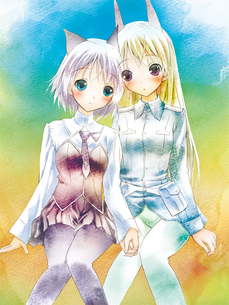 saeki touma, eila ilmatar juutilainen, sanya v. litvyak, strike witches, world witches series, silver hair, bad id, bad pixiv id, 00s, 2girls, animal ears, blush, green eyes, holding hands, long hair, military, military uniform, multiple girls, necktie, pantyhose, purple eyes, short hair, white pantyhose