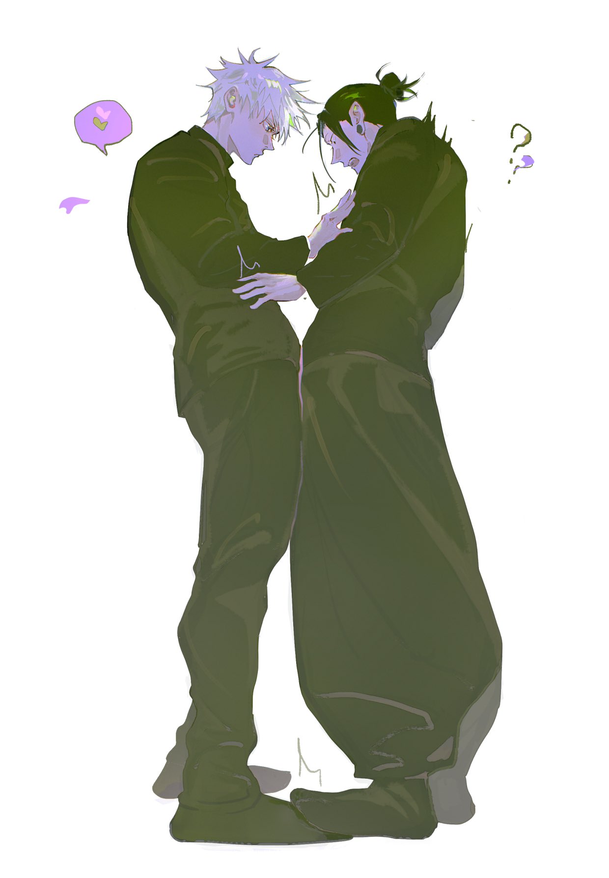 sherniaote, getou suguru, gojou satoru, jujutsu kaisen, commentary, highres, symbol-only commentary, 2boys, ?, black pants, black shoes, blue eyes, closed mouth, crotch rub, ear piercing, from below, from side, full body, hair bun, hair pulled back, heart, jujutsu tech uniform, long sleeves, looking at another, male focus, multiple boys, open mouth, pants, piercing, plug (piercing), shoes, short hair, simple background, single hair bun, spoken heart, standing, standing on another's feet, teeth, twitching, white background, white hair, yaoi