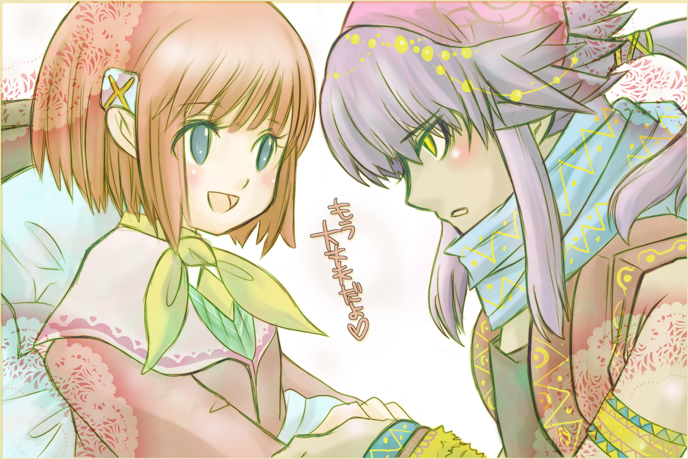 anwar, tia (avalon code), avalon code, tagme, blue eyes, blush, dark skin, holding another's hand, purple hair, red hair, scarf, short hair, smile, yellow eyes