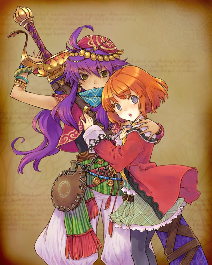 saikachi (ogre tree), anwar, tia (avalon code), avalon code, hand on shoulder, 1boy, 1girl, baggy pants, bracelet, coin, jewelry, long hair, orange hair, pants, pantyhose, purple hair, short hair, sword, weapon