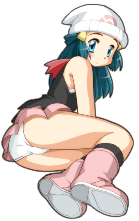 dawn (pokemon), nintendo, pokemon, lowres, arm support, boots, miniskirt, panties, skirt, underwear, upskirt, white panties