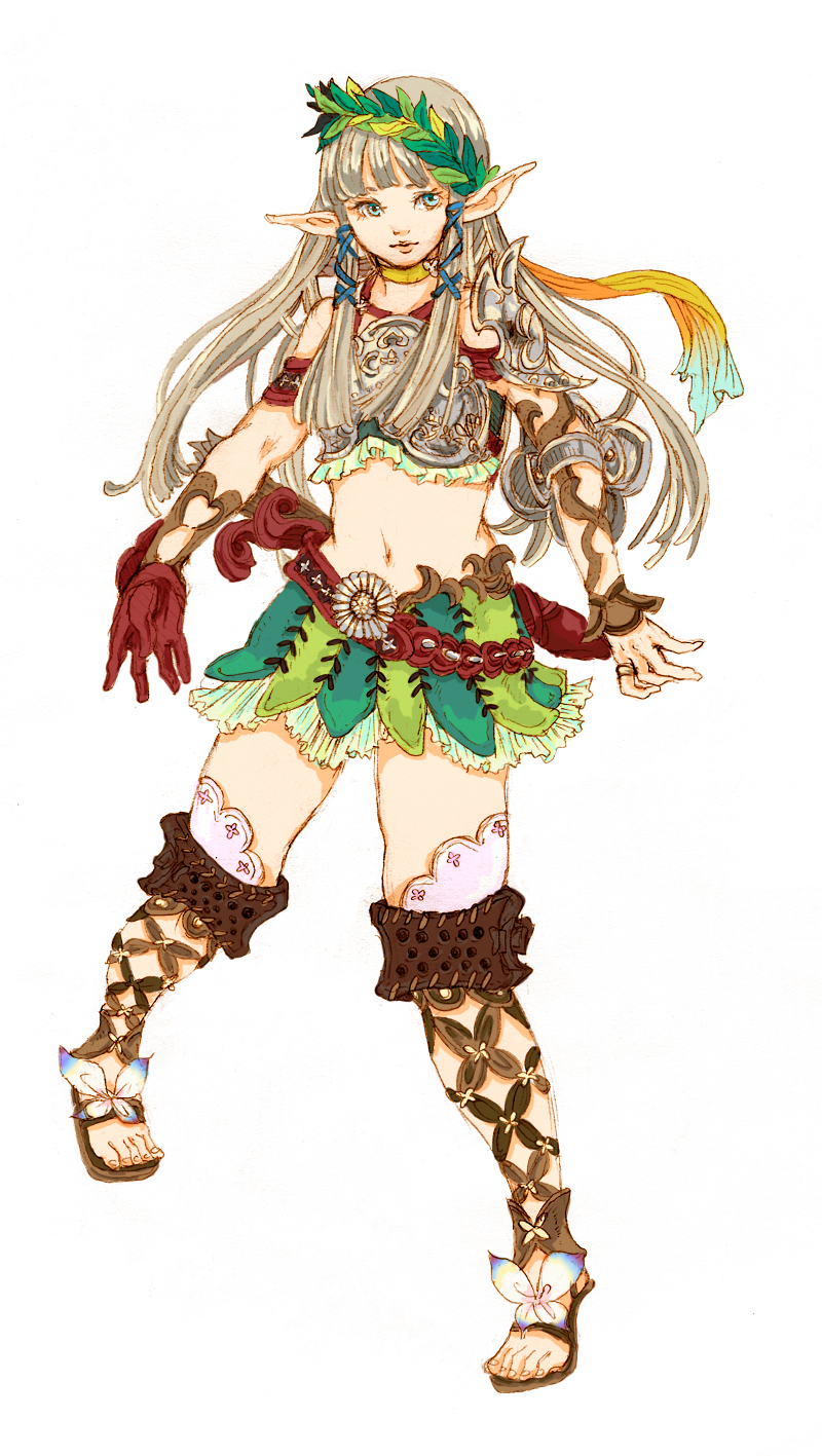 sylphy, sylphy (avalon code), avalon code, highres, tagme, 1girl, blonde hair, elf, female focus, full body, long hair, midriff, pointy ears, simple background, solo, white background