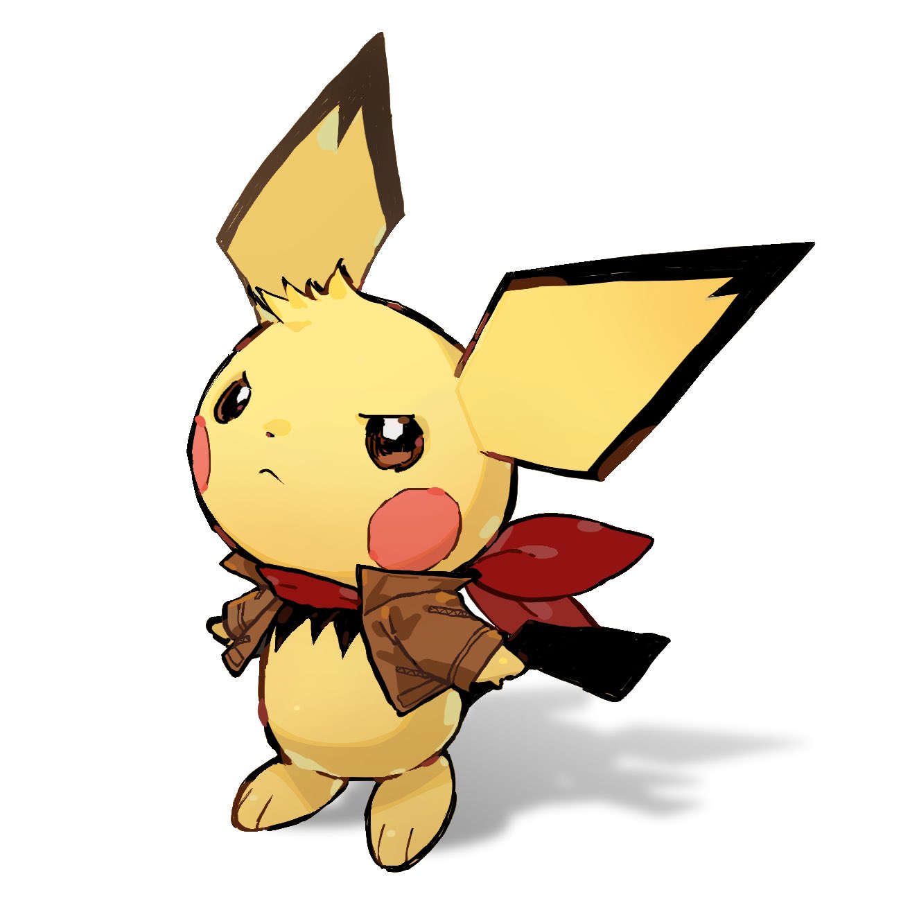 pichu, nintendo, pokemon, commentary, highres, symbol-only commentary, 519luck, :<, brown eyes, brown jacket, closed mouth, frown, full body, gen 2 pokemon, jacket, neckerchief, no humans, pokemon (creature), red neckerchief, simple background, white background, yellow fur