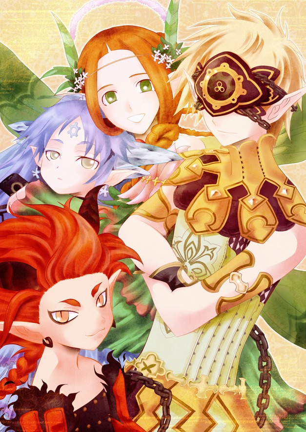 mieli, neaki, rempo, ur, avalon code, blue hair, braid, chain, collar, fairy, fairy wings, long hair, pointy ears, red hair, short hair, veil, wings