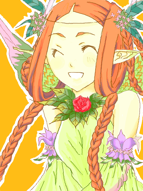 mieli, avalon code, ^ ^, braid, closed eyes, fairy, long hair, pointy ears, red hair, smile, twin braids
