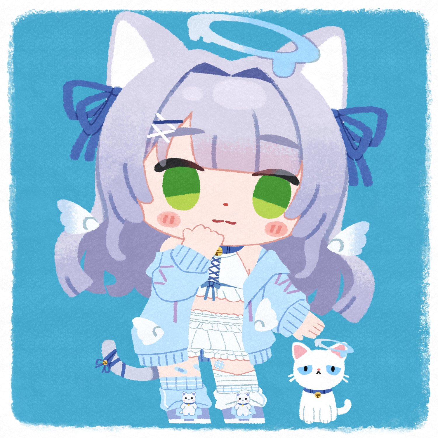tenkuu fukurou, indie virtual youtuber, highres, 1girl, :3, animal, animal collar, animal ears, arm at side, asymmetrical legwear, bandaged leg, bandages, bandaid on thigh, bell, blue background, blue halo, blue hoodie, blue leg warmers, blue ribbon, blue shoes, blunt bangs, blush stickers, border, cat, cat ears, cat girl, cat tail, chibi, chibi only, closed mouth, collar, detached wings, dot nose, frilled shorts, frills, full body, green eyes, grey hair, grey tail, hair intakes, hair ribbon, halo, halterneck, hand up, hood, hood down, hoodie, jingle bell, leg warmers, long hair, maten matyu, melting halo, midriff, mini wings, mismatched legwear, neck bell, no lineart, no pupils, no sclera, open clothes, open hoodie, ribbon, rounded corners, shirt, shoes, shorts, side-by-side, solo, standing, tail, tail bell, tail ornament, wavy hair, white border, white cat, white leg warmers, white shirt, wings