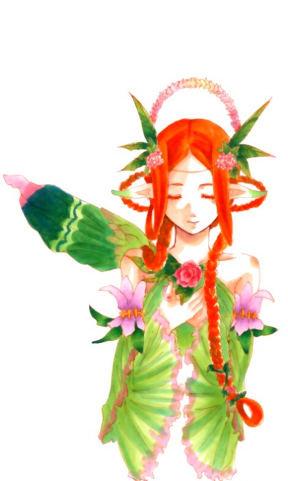 mieli, avalon code, braid, closed eyes, fairy, fairy wings, long hair, pointy ears, red hair, wings