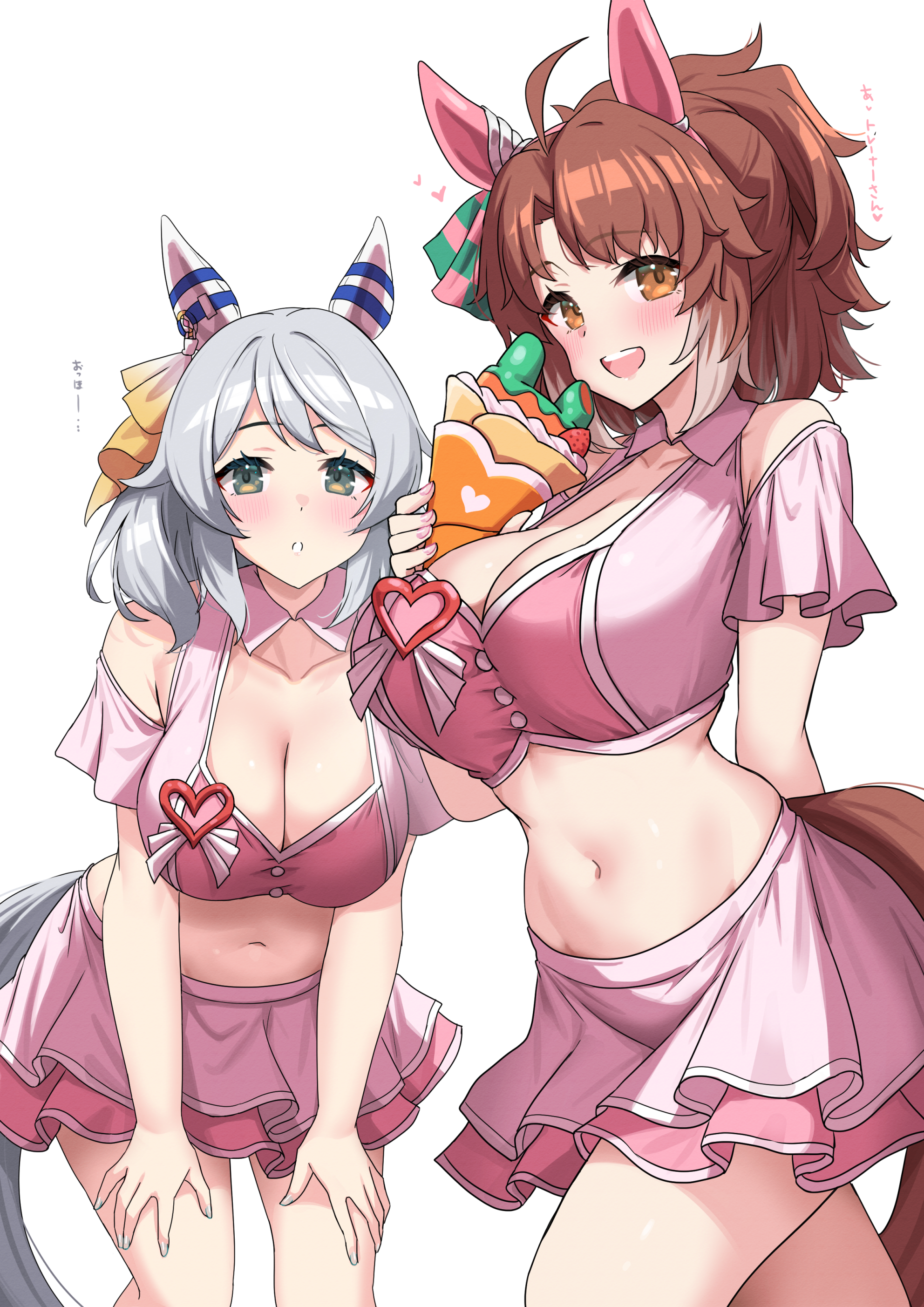 kibihimi, dantsu flame (umamusume), hishi miracle (umamusume), umamusume, absurdres, highres, 2girls, ahoge, animal ears, bent over, blush, bow, breasts, brown eyes, brown hair, checkered ribbon, cleavage, clothing cutout, collarbone, crepe, cropped shirt, ear covers, ear ornament, ear ribbon, food, grey hair, hair between eyes, hair ornament, headband, holding, holding crepe, holding food, horse ears, horse girl, horse tail, large breasts, layered skirt, looking at viewer, medium hair, meni shuki rush-sshu!, multicolored hair, multiple girls, navel, open mouth, parted lips, pink headband, pink shirt, pink skirt, pink socks, shirt, shoulder cutout, simple background, skirt, smile, socks, tail, white background, white hair