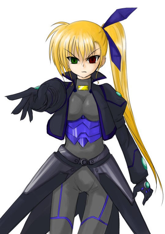 vivio, lyrical nanoha, mahou shoujo lyrical nanoha, mahou shoujo lyrical nanoha strikers, non-web source, 00s, 1girl, aged up, bodysuit, empty eyes, female focus, heterochromia, side ponytail, solo