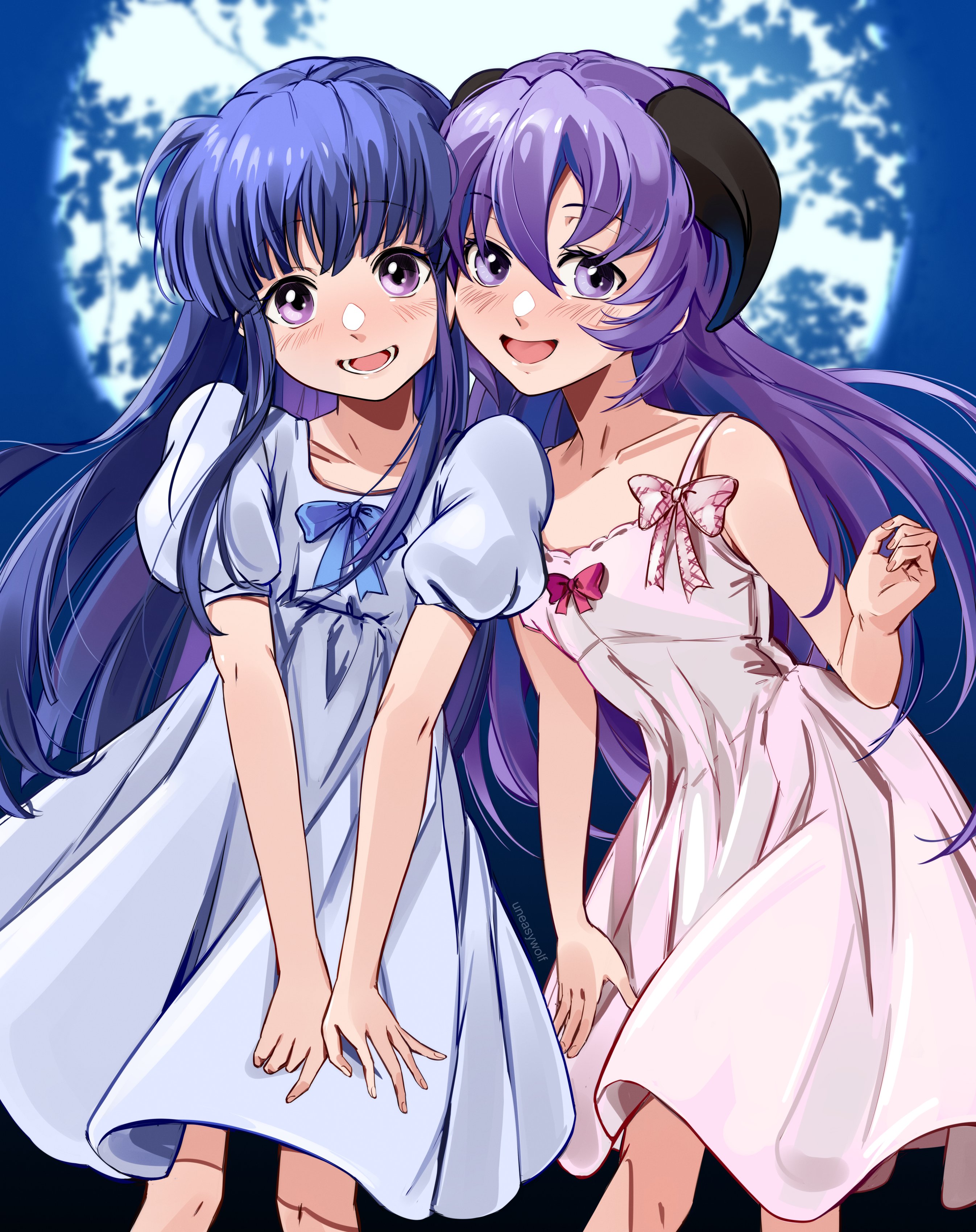 uneasywolf, furude rika, hanyuu, higurashi no naku koro ni, absurdres, highres, 2girls, blue bow, blue dress, blue hair, blush, bow, dress, horns, leaf, long hair, looking at viewer, moon, multiple girls, night, open mouth, pink dress, purple eyes, purple hair, red bow, smile
