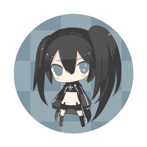 puti devil, black rock shooter (character), black rock shooter, vocaloid, lowres, + +, 10s, 1girl, :<, belt, bikini, bikini top only, black hair, blue eyes, blush stickers, boots, chibi, coat, female focus, flat chest, full body, hood, hooded jacket, jacket, knee boots, long hair, midriff, navel, pale skin, scar, shorts, solo, star (symbol), swimsuit, twintails, uneven twintails, very long hair, zipper