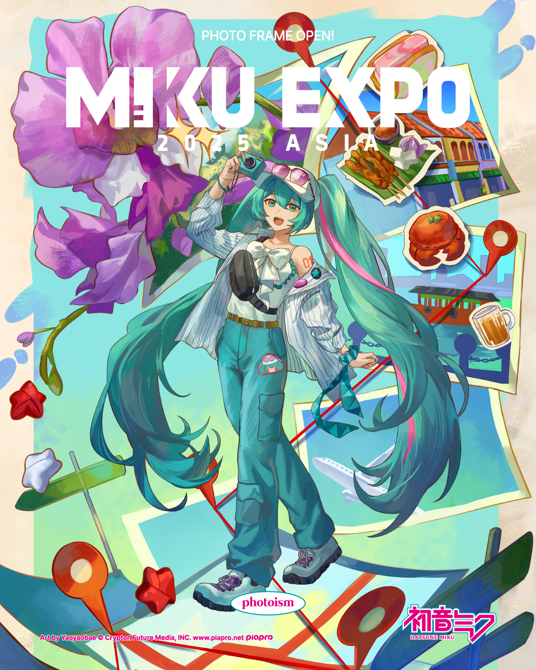 yaoyaobae, hatsune miku, vocaloid, commentary, english commentary, highres, official art, second-party source, 1girl, :d, aqua eyes, aqua hair, artist name, belt, black bag, blue pants, bow, brown belt, camera, camisole, company name, copyright logo, copyright name, copyright notice, english text, eyewear on headwear, flower, food, full body, hat, hatsune miku expo, holding, holding camera, jacket, logo, long hair, meat, multicolored hair, number tattoo, open clothes, open jacket, open mouth, pants, photo (object), pink-tinted eyewear, pink hair, pinstripe jacket, pinstripe pattern, purple flower, shoes, shoulder tattoo, skewer, smile, solo, star (symbol), streaked hair, tattoo, teeth, tinted eyewear, tongue, upper teeth only, very long hair, webpage, white bow, white camisole, white hat, white jacket, white shoes