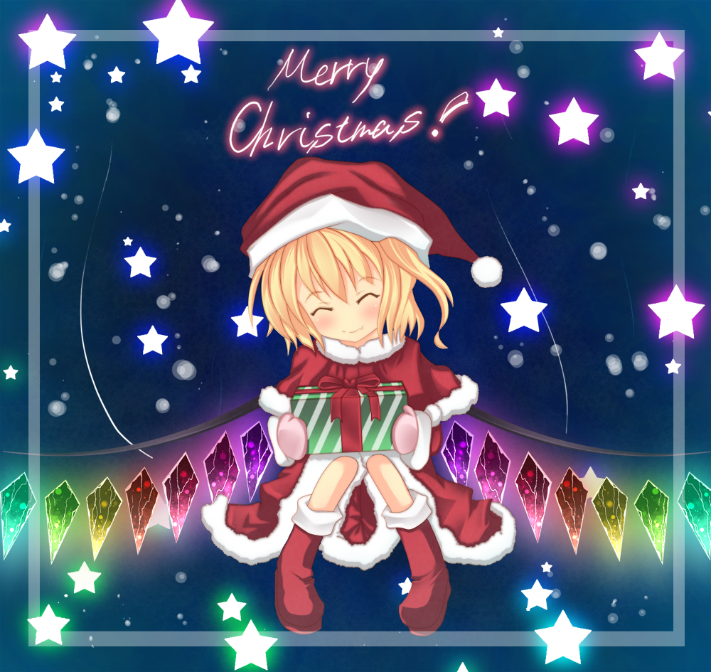 kiyomin, flandre scarlet, embodiment of scarlet devil, touhou, 1girl, alternate costume, blonde hair, blue background, boots, christmas, dress, female focus, gift, gloves, hat, ponytail, rainbow order, red dress, red eyes, santa costume, santa hat, short hair, side ponytail, solo, star (symbol), star symbol background, wings