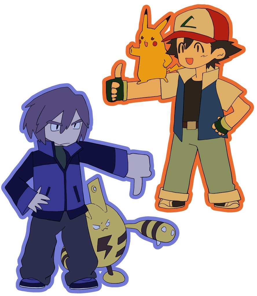ash ketchum, elekid, paul (pokemon), pikachu, nintendo, pokemon, pokemon (anime), pokemon dppt (anime), 2boys, 519luck, :d, black gloves, black hair, blue jacket, closed mouth, collared shirt, fingerless gloves, frown, gen 1 pokemon, gen 2 pokemon, gloves, hair between eyes, hat, jacket, male focus, multiple boys, open mouth, orange outline, outline, pants, pokemon (creature), purple hair, purple outline, shirt, short hair, simple background, smile, thumbs down, thumbs up, white background