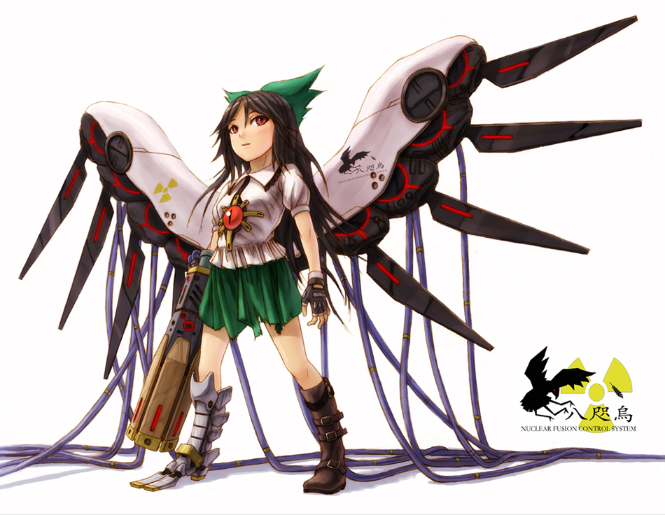 kurione (pixiv), kurione (zassou), reiuji utsuho, touhou, bad id, bad pixiv id, 1girl, alternate weapon, arm cannon, bird, black hair, bow, brown hair, cable, crow, female focus, fingerless gloves, gloves, hair bow, logo, long hair, mecha musume, mechanical wings, mechanization, oversized wings, power lines, prosthesis, radiation symbol, red eyes, ribbon, shirt, solo, third eye, weapon, white shirt, wings