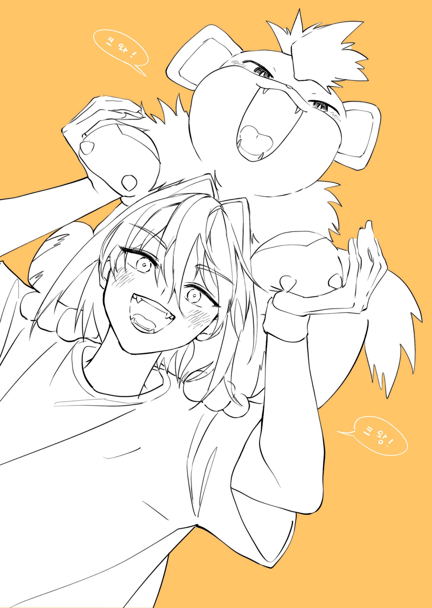 growlithe, nintendo, pokemon, highres, 1other, 519luck, :d, fangs, gen 1 pokemon, greyscale with colored background, holding, holding pokemon, korean text, open mouth, orange background, pokemon (creature), shirt, simple background, smile, t-shirt, teeth, tongue, upper body