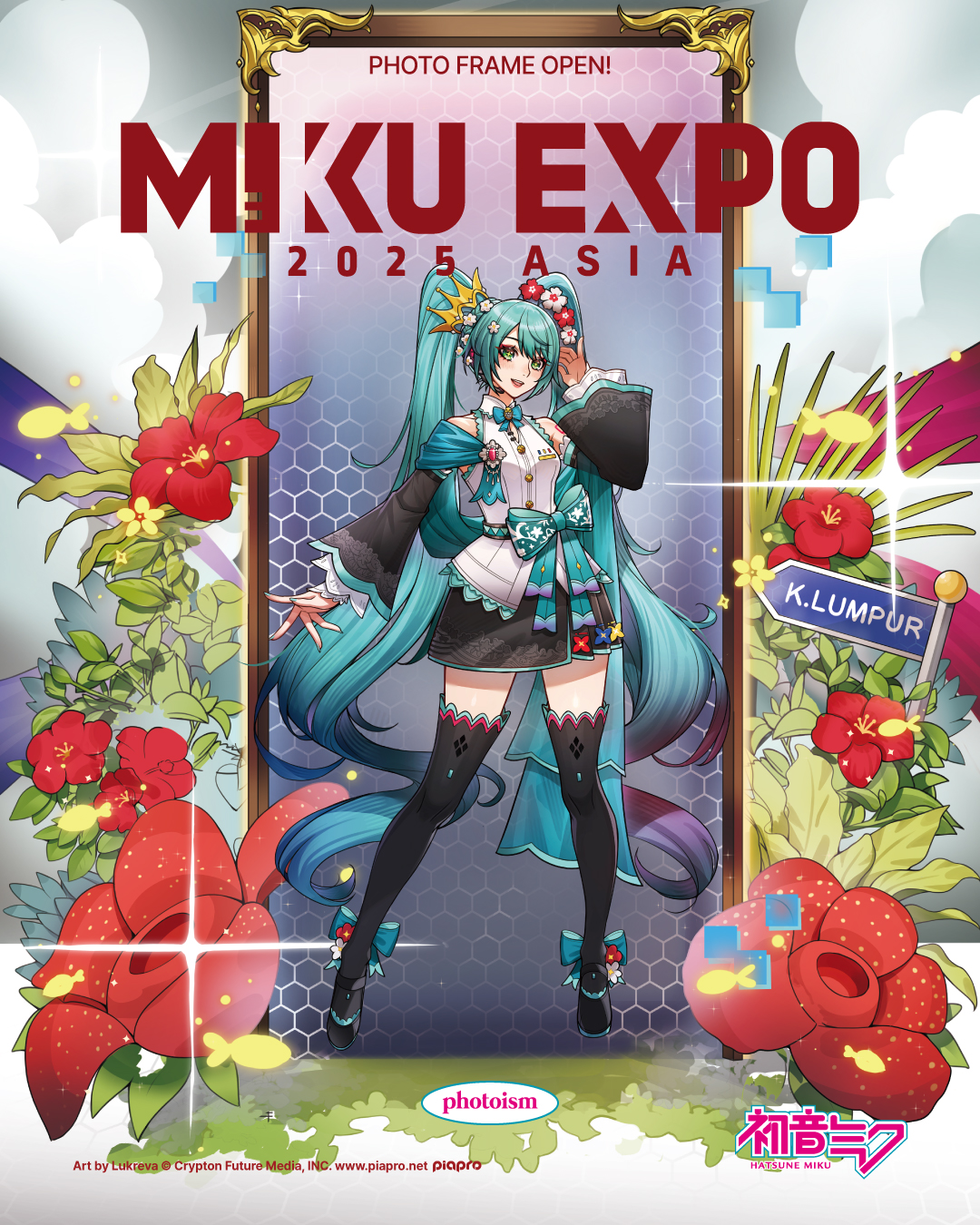 lukrevadraws, hatsune miku, vocaloid, commentary, english commentary, highres, official art, second-party source, 1girl, aqua bow, aqua eyes, aqua hair, artist name, black boots, black skirt, black sleeves, blue hair, boots, bow, collared shirt, company name, copyright logo, copyright name, copyright notice, crescent, detached sleeves, fish, flower, gradient hair, hair between eyes, hair flower, hair ornament, hatsune miku expo, location name, logo, long hair, long sleeves, looking at viewer, multicolored hair, purple hair, red flower, shirt, skirt, sleeveless, sleeveless shirt, solo, star (symbol), thigh boots, twintails, very long hair, webpage, white flower, white shirt