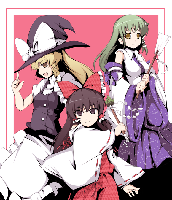 fujy, hakurei reimu, kirisame marisa, kochiya sanae, touhou, 3girls, blonde hair, bow, braid, brown hair, detached sleeves, female focus, frog, gohei, green hair, hair bow, hair ornament, hat, japanese clothes, miko, multiple girls, short hair, snake, witch, witch hat, yellow eyes
