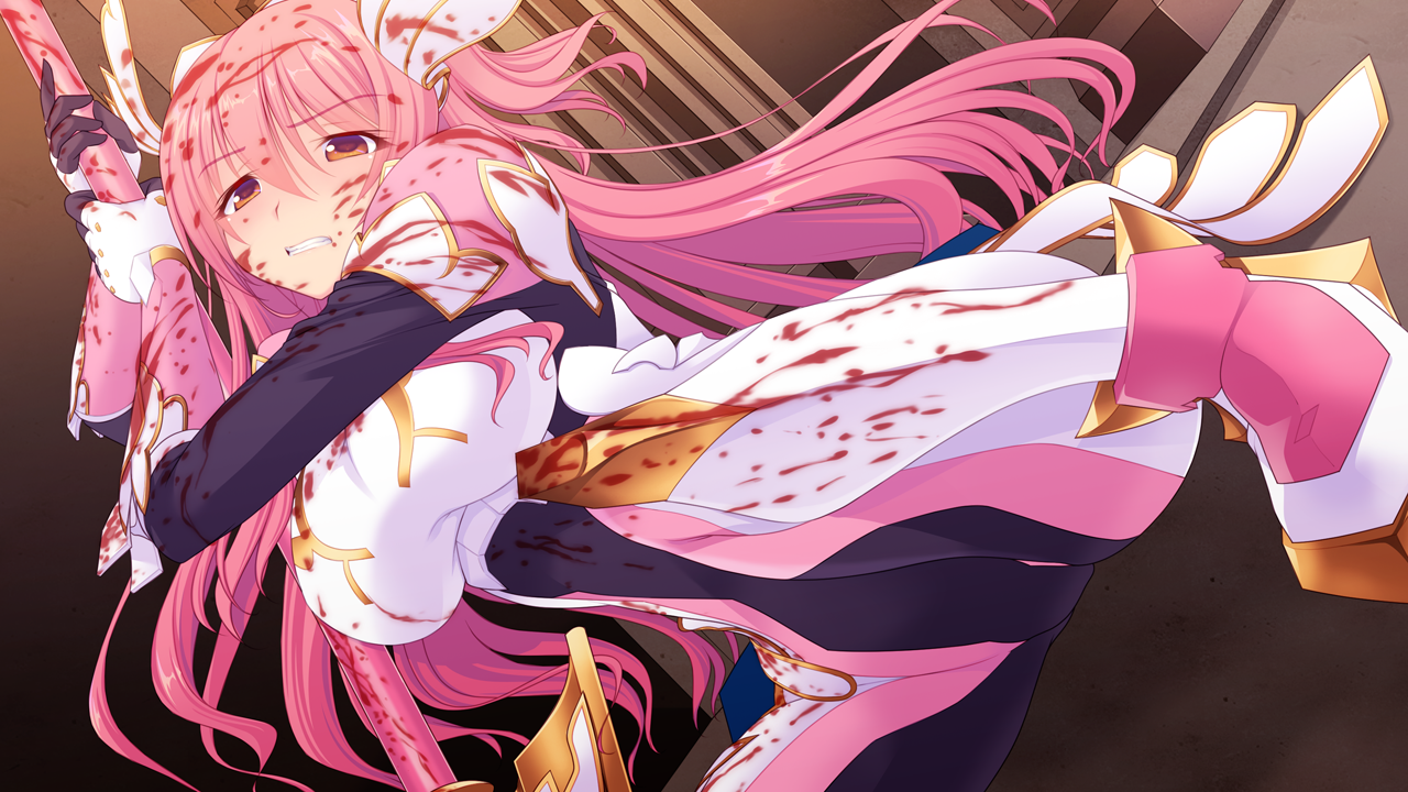saitou natsuki, suhamaya, en ciel rena, en ciel rena (aegis), tomoe rena, kourin tenshi en ciel rena, game cg, large variant set, non-web source, official art, variant set, 1girl, armor, blood, blood in hair, blood on clothes, blood on face, bodysuit, breasts, clenched teeth, dutch angle, floating hair, gauntlets, holding, holding polearm, holding weapon, large breasts, long hair, looking at viewer, magical girl, pink eyes, pink hair, polearm, red eyes, solo, spear, teeth, two side up, weapon