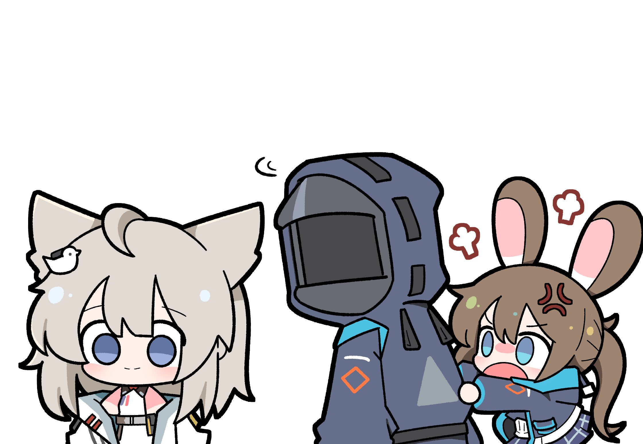 malrangdonut, amiya (arknights), doctor (arknights), perlica (arknights), arknights, arknights: endfield, highres, 1other, 2girls, ambiguous gender, anger vein, angry, animal ears, bare shoulders, bird ears, bird girl, blue coat, blue eyes, blue jacket, blue skirt, brown hair, closed mouth, coat, diamond (shape), distracted boyfriend (meme), dress, grey hair, hair between eyes, hood, hooded coat, jacket, jealous, long hair, long sleeves, looking at another, looking back, meme, miniskirt, multiple girls, off shoulder, open clothes, open jacket, open mouth, pleated skirt, rabbit ears, rabbit girl, simple background, skirt, sleeveless, sleeveless dress, smile, upper body, white background, white dress, white jacket