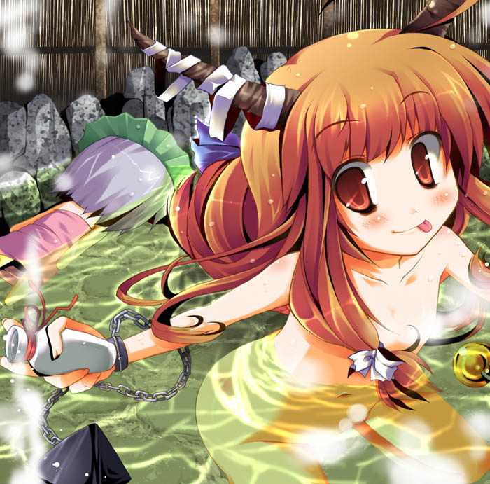 utsurogi angu, ibuki suika, konpaku youmu, touhou, silver hair, 2girls, :p, censored, chain, convenient censoring, female focus, flat chest, horns, long hair, multiple girls, nude, onsen, orange hair, same-sex bathing, shared bathing, short hair, tongue, tongue out, towel