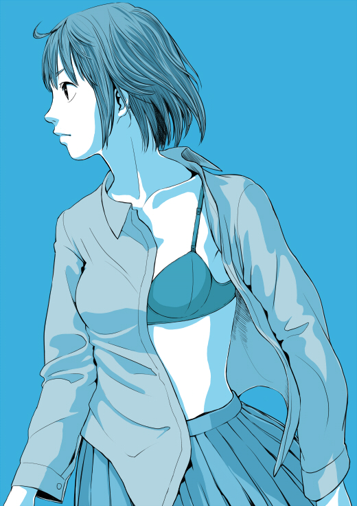 tanaka hirotaka, original, 1girl, ahoge, aqua theme, blue theme, bob cut, bra, female focus, lingerie, long sleeves, monochrome, open clothes, open shirt, shirt, short hair, skirt, solo, underwear
