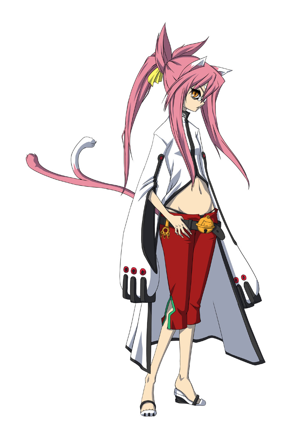 mori toshimichi, kokonoe (blazblue), arc system works, blazblue, highres, official art, 1girl, :<, animal ears, bell, belt, black panties, bracelet, candy, capri pants, cat ears, cat girl, cat tail, coat, facial mark, female focus, flat chest, food, forehead mark, glasses, hair ribbon, hand on own hip, jewelry, jingle bell, lollipop, long hair, long sleeves, lowleg, midriff, multiple tails, navel, orange eyes, panties, pants, pince-nez, pink hair, ponytail, profile, red pants, ribbon, sandals, scientist, short twintails, simple background, solo, standing, tail, thong, trench coat, turtleneck, twintails, underwear, yellow eyes
