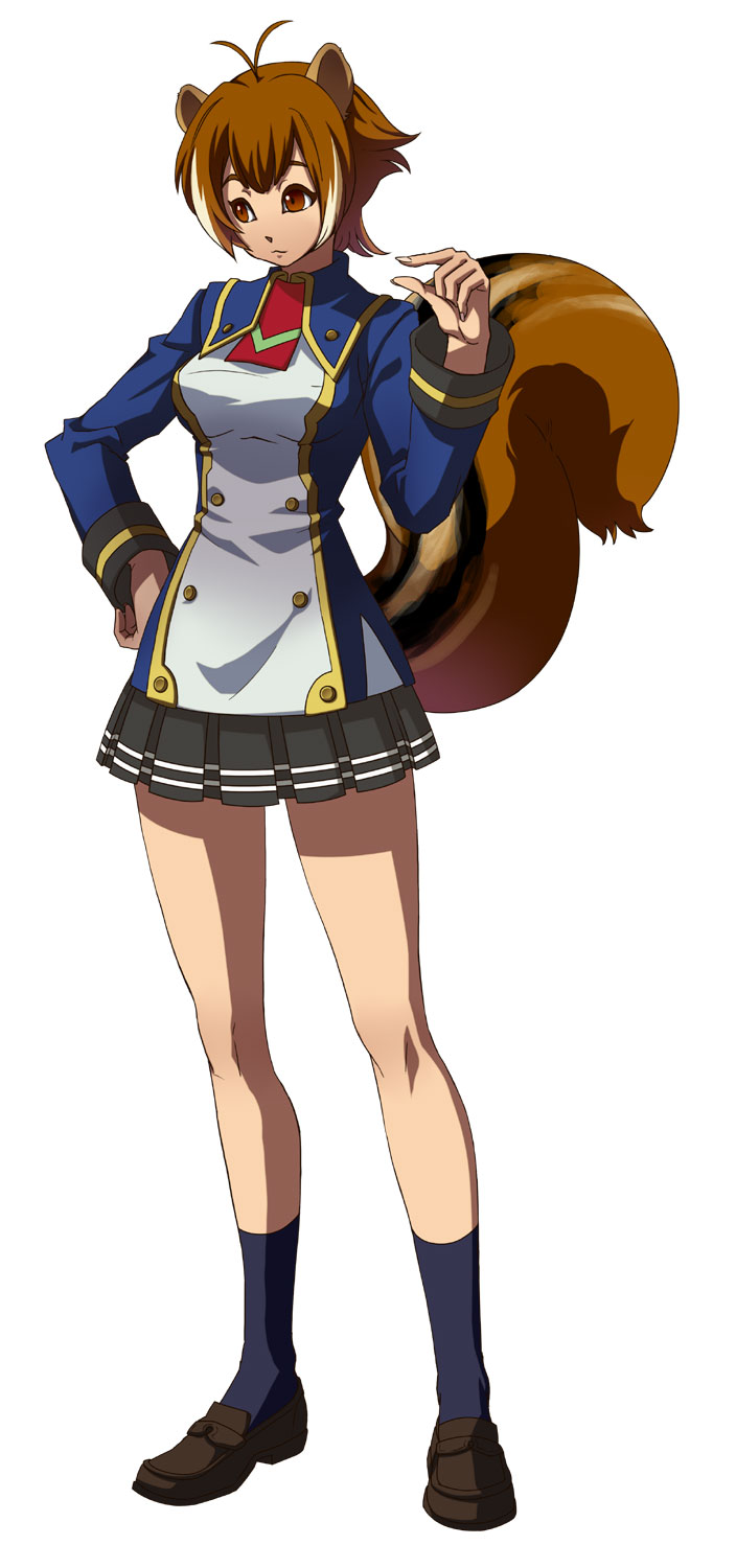 mori toshimichi, makoto nanaya, arc system works, blazblue, blazblue: calamity trigger, blazblue: continuum shift, highres, official art, 1girl, :3, animal ears, antenna hair, brown eyes, brown hair, female focus, full body, hand on own hip, legs, loafers, long legs, miniskirt, multicolored hair, necktie, pleated skirt, school uniform, shoes, short hair, simple background, skirt, smile, socks, solo, squirrel ears, squirrel tail, standing, tail, thighs, two-tone hair, white hair