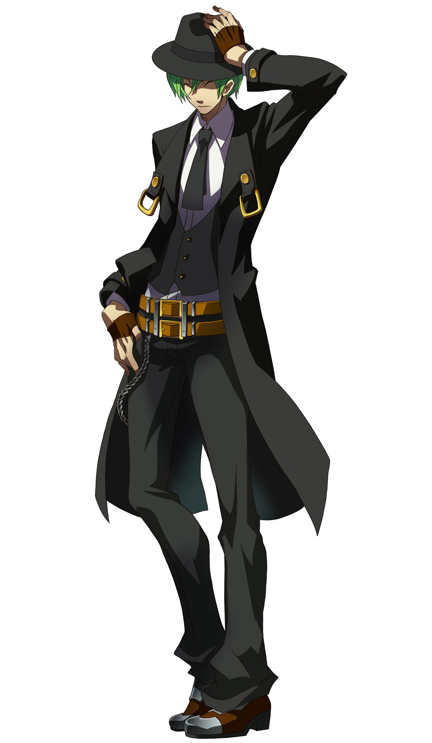 mori toshimichi, hazama, arc system works, blazblue, highres, official art, 1boy, ^ ^, belt, chain, closed eyes, coat, fedora, fingerless gloves, formal clothes, gloves, green hair, hand on own head, hand on own hip, hat, male focus, necktie, pants, short hair, simple background, smile, solo, square-end necktie, standing, suit, trench coat, vest