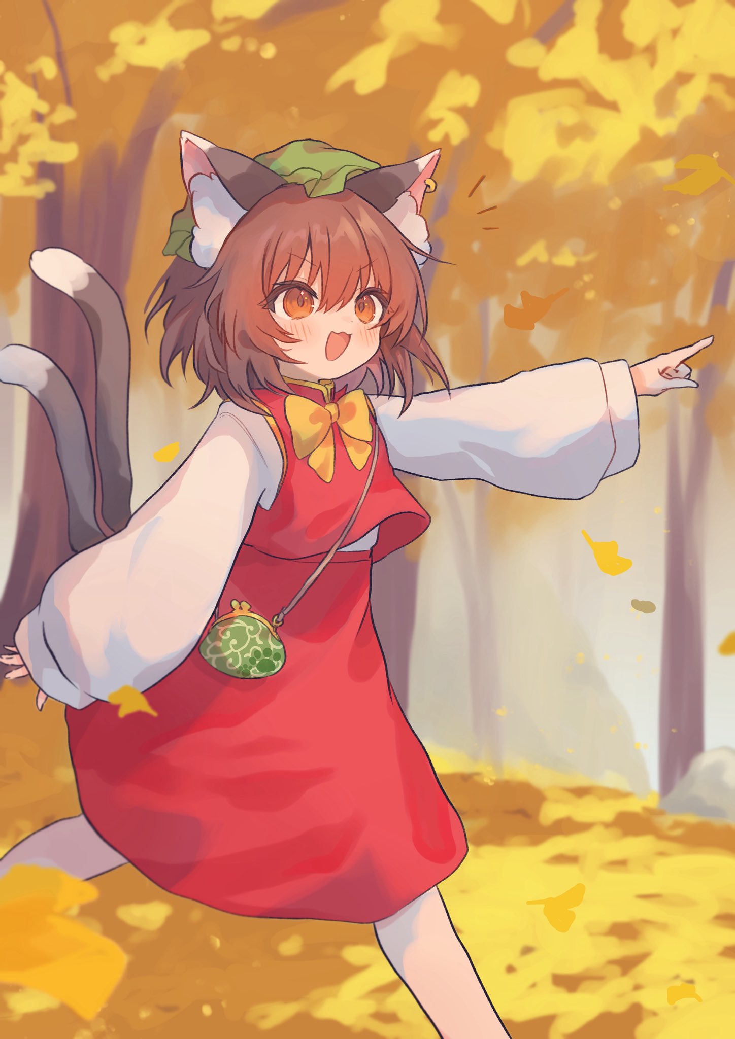 chaki (kinaneko2149), chen, touhou, highres, 1girl, :d, arm up, autumn, bag, dot nose, feet out of frame, hair between eyes, handbag, legs apart, nekomata, open mouth, outdoors, pointing, smile, solo, v-shaped eyebrows