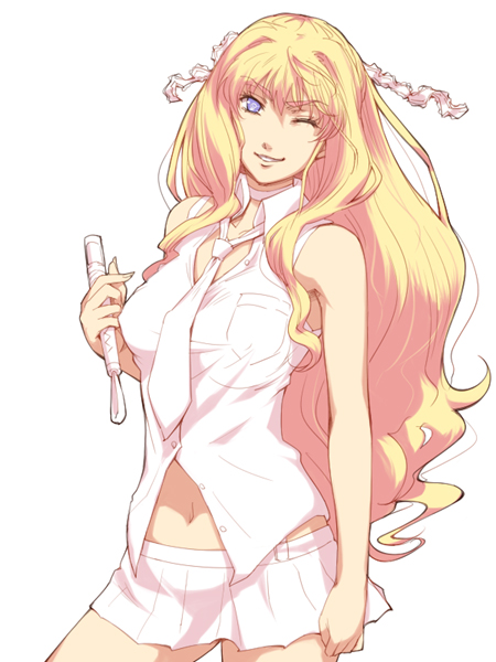 hairu, sheryl nome, macross, macross frontier, 00s, 1girl, blonde hair, blue eyes, female focus, long hair, microphone, necktie, one eye closed, simple background, solo, wink