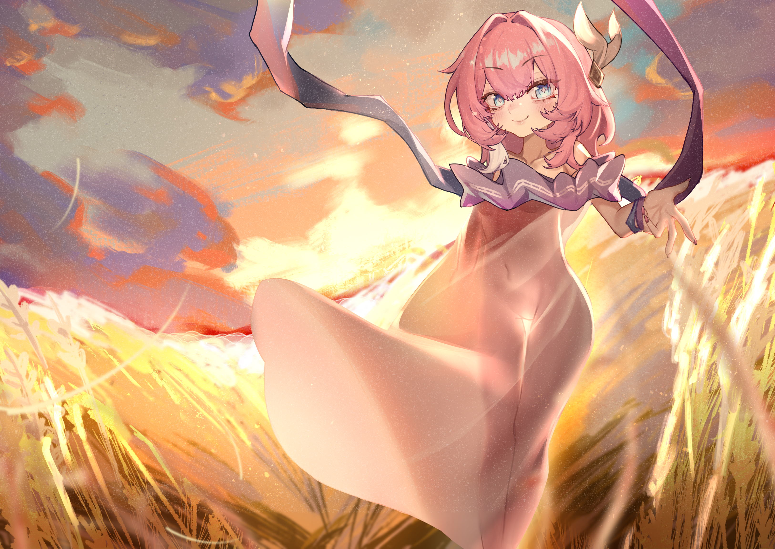 uesi hibana, cyrene (aedes elysiae) (honkai: star rail), cyrene (honkai: star rail), honkai: star rail, honkai (series), absurdres, commentary, commission, english commentary, highres, 1girl, blue eyes, breasts, dress, gradient sky, hair ornament, looking at viewer, multicolored hair, pink hair, see-through clothes, see-through dress, short hair, sky, small breasts, smile, solo, two-tone hair, wheat, wheat field, white dress, white hair