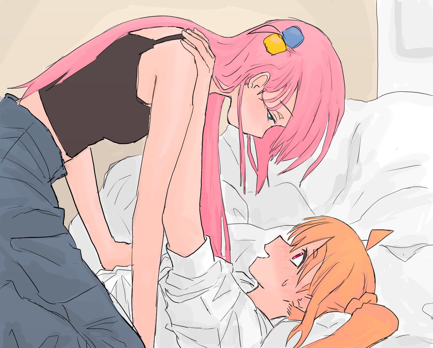 mentos pepsi, gotoh hitori, ijichi nijika, bocchi the rock!, commentary request, highres, 2girls, ahoge, black tank top, blonde hair, blue eyes, blue pants, blush, cube hair ornament, hair ornament, long hair, multiple girls, on bed, pants, pink hair, red eyes, side ponytail, straddling, tank top, yuri