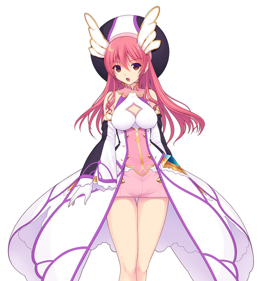 saitou natsuki, suhamaya, en ciel rena, en ciel rena (magius), tomoe rena, kourin tenshi en ciel rena, game cg, large variant set, non-web source, official art, variant set, 1girl, :o, bare shoulders, breasts, cleavage, cleavage cutout, clothing cutout, detached sleeves, dress, gloves, hat, large breasts, long hair, long sleeves, looking at viewer, magical girl, miniskirt, open mouth, pink hair, red eyes, skirt, solo, standing, thigh gap, transparent background, white gloves