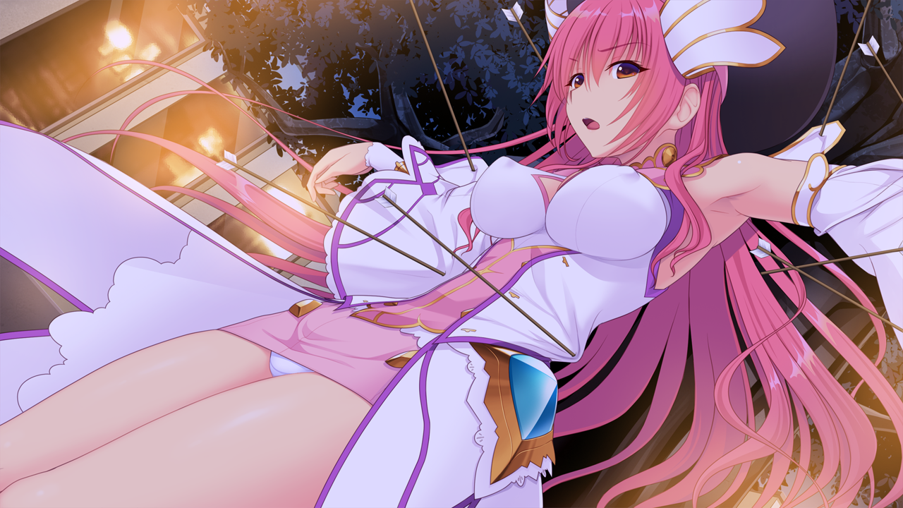saitou natsuki, suhamaya, en ciel rena, en ciel rena (magius), tomoe rena, kourin tenshi en ciel rena, game cg, large variant set, non-web source, official art, variant set, 1girl, armpits, arrow (projectile), bound, breasts, brown eyes, covered erect nipples, detached sleeves, dress, dutch angle, floating hair, from below, hair between eyes, large breasts, long hair, long sleeves, looking at viewer, magical girl, miniskirt, open mouth, outdoors, outstretched arms, panties, pantyshot, pink hair, pink skirt, restrained, shiny skin, short dress, skirt, sleeveless, sleeveless dress, solo, standing, straight hair, underwear, very long hair, white dress, white panties, white sleeves, wide sleeves