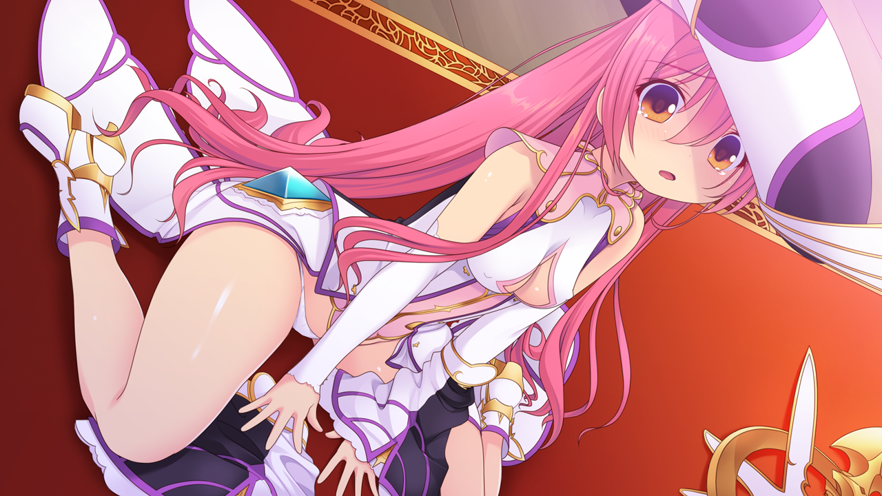 saitou natsuki, suhamaya, en ciel rena, en ciel rena (magius), tomoe rena, kourin tenshi en ciel rena, game cg, large variant set, non-web source, official art, variant set, 1girl, aged down, boots, breasts, cleavage, clothing cutout, detached sleeves, dutch angle, hat, long hair, looking at viewer, magical girl, medium breasts, navel, open mouth, orange eyes, panties, pink hair, sitting, skirt, solo, underboob, underwear, unworn skirt, very long hair, wariza, white panties